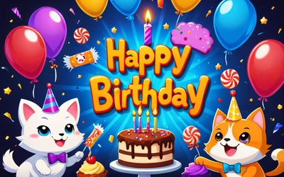 A Birthday card with two cats and a cake with candles and balloons in the background and a happy Birthday message in the middle of the card, plain background, a screenshot, naive art