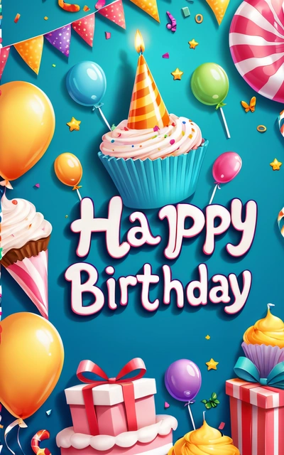 A Birthday card with a cupcake and balloons on it, and a Birthday cake with a candle and a gift box in the middle, plain background, a pastel, international typographic style