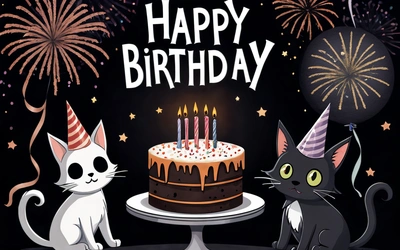 A Birthday card with two cats and a cake with candles on it and fireworks in the background with a caption that reads happy Birthday, dark background, a pastel, furry art