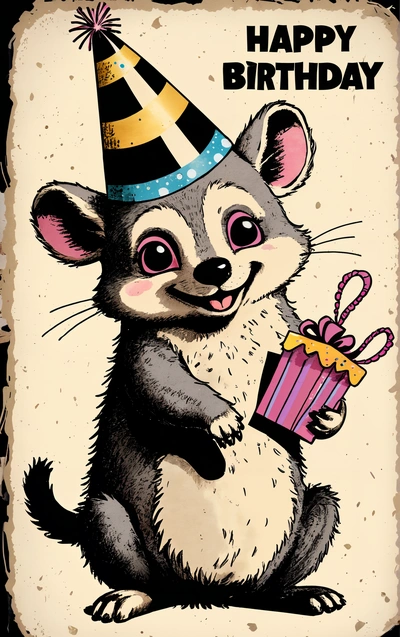 A happy Birthday card with a cartoon animal holding a gift box and a party hat on it's head, with a happy Birthday message written in the middle, character portrait, a character portrait, sots art