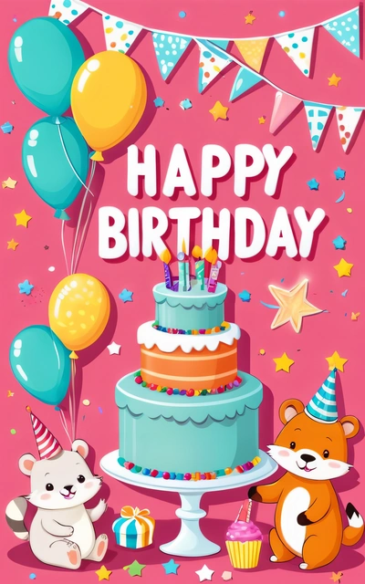 A Birthday card with a bear and a cake with candles and balloons on it and a bear holding a cupcake with a candle in it, plain background, a pastel, naive art