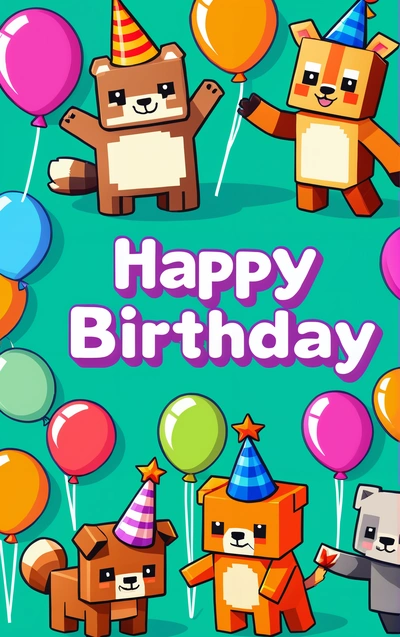 A Birthday card with a bunch of animals holding balloons and a bear holding a balloon in the air with a happy Birthday message below it, 2 d game art, a screenshot, furry art
