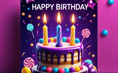 A Birthday cake with candles and candies on it with a purple background and stars and confetti around it with a happy Birthday message, affinity photo, a pastel, computer art