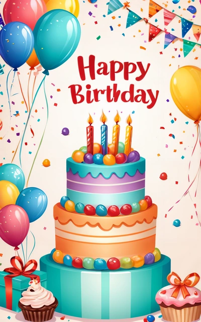 A Birthday cake with candles and balloons on a table with confetti and streamers around it and a banner with a happy Birthday written on it, plain background, a pastel, american barbizon school