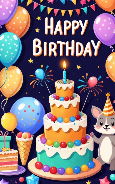 A Birthday card with a cat and a cake with candles and balloons on it and a banner with a happy Birthday message in the middle, plain background, a pastel, naive art