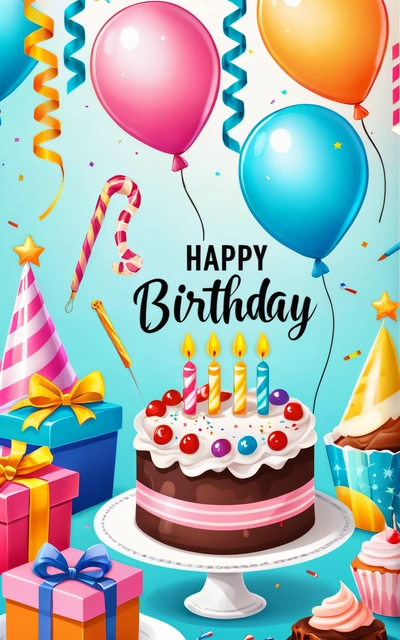 A Birthday card with a cake and balloons on it and a gift box in the background with a blue background and a blue sky with a few balloons, plain background, a pastel, naive art
