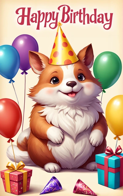 A happy Birthday card with a corgi dog and presents on a beige background with a happy Birthday message in the center of the card, league of legends splash art, a character portrait, furry art