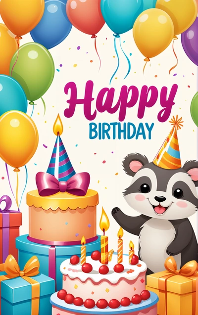 A Birthday card with a raccoon and presents and balloons and a cake with candles and a candle on it, and a happy Birthday message, plain background, a pastel, furry art