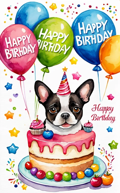 A dog is sitting in front of a Birthday cake with balloons and a cake topper on it's head, with a happy Birthday message written in the middle, plain background, a pastel, naive art