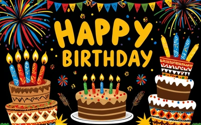 A Birthday card with a cake and fireworks on it and a banner with the words happy Birthday written in the middle of the card and a cake with candles, plain background, a pastel, international typographic style