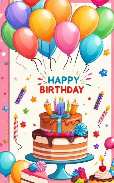 A Birthday card with a cake and balloons on it with a happy Birthday message in the middle of the card is a Birthday cake with candles and balloons, plain background, a pastel, naive art