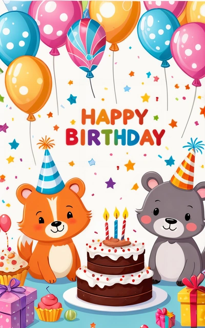 A Birthday card with two bears and a cake with candles and balloons on it, and a gift box with a bear on it and a bear with a Birthday hat, happy, a pastel, naive art