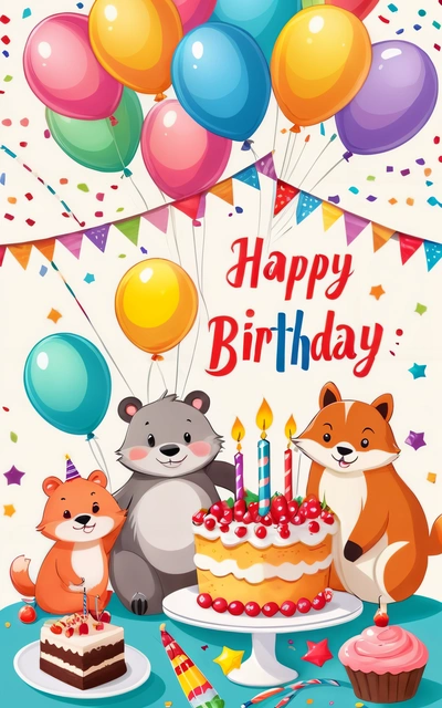 A Birthday card with two animals and a cake with candles and balloons on a table with a cupcake and a bunch of balloons in the background, plain background, a pastel, naive art