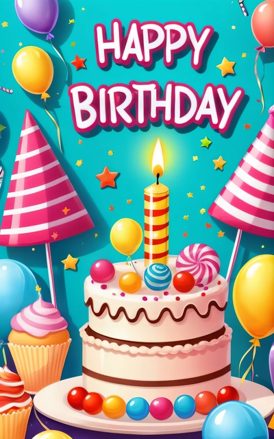 A Birthday cake with a candle surrounded by balloons and confetti on a blue background with a happy Birthday message in the center of the cake, plain background, a pastel, naive art
