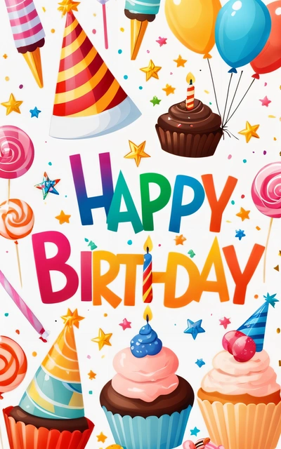 A Birthday card with cupcakes and balloons on it with the words happy Birthday written in the middle of the card and a lot of balloons and stars, plain background, a pastel, naive art
