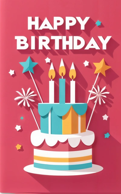 A Birthday card with a cake and candles on it, with the words happy Birthday written in white on a pink background with stars and a, plain background, a pastel, international typographic style