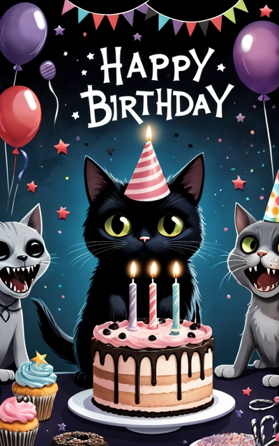 A Birthday card with a cat and two cats sitting in front of a cake with candles and balloons on it, and a cat with a Birthday hat on the table, dark background, a pastel, furry art