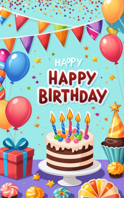 A Birthday cake with candles and balloons on a table with a blue background and streamers of streamers and streamers of confetti, plain background, a pastel, naive art
