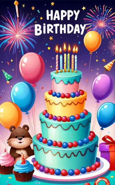 A Birthday card with a teddy bear and a cake with candles and balloons on it, and a gift box with a candle in the middle, happy, a pastel, naive art