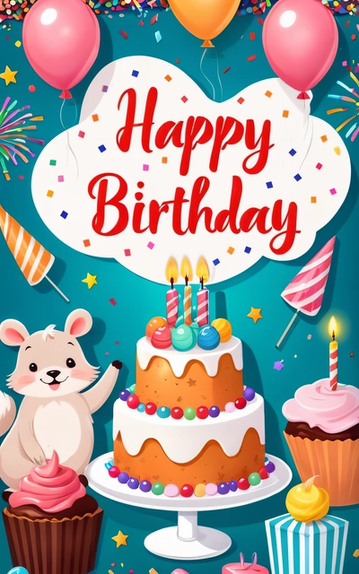 A Birthday card with a cake and cupcakes and balloons on a blue background with a happy Birthday message in the center of the card, plain background, a pastel, naive art