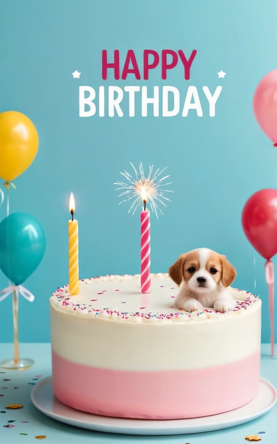 A small dog sitting in front of a Birthday cake with candles and balloons on it, with a happy Birthday message in the background with a blue background, plain background, a pastel, altermodern