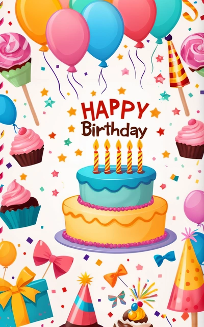 A Birthday card with a cake and balloons on it and a lot of confetti and balloons around it, and a lot of confetti and a lot of confetti, plain background, a pastel, naive art