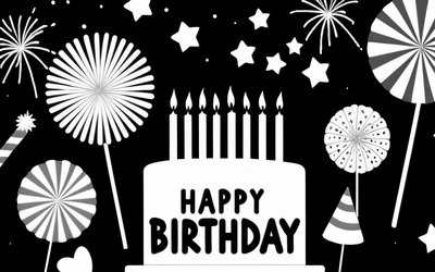 A Birthday cake with candles and fireworks on it with a happy Birthday message in the middle of the cake is a bunch of fireworks and a star, smooth and clean vector curves, a pastel, international typographic style