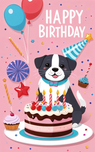 A dog with a Birthday cake and balloons on a pink background with a happy Birthday message in the middle of the card is a Birthday cake, plain background, a pastel, naive art