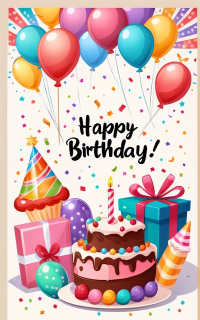 A Birthday card with a cake and balloons on it with a happy Birthday message in the middle of the card is a gift box and a bunch of balloons, plain background, a pastel, naive art