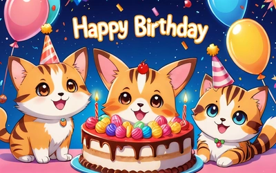 Three cats are sitting in front of a Birthday cake with candles and balloons on it, and the caption says happy Birthday, kitty, cute and funny, a detailed drawing, furry art