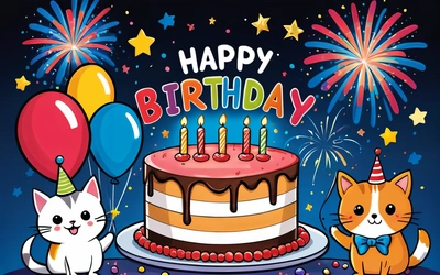 A Birthday cake with two cats and balloons on it with a happy Birthday message in the middle of the image with a cat and a cat sitting next to it, plain background, a pastel, naive art