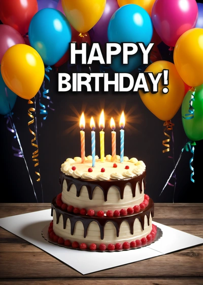 A Birthday cake with candles and balloons in the background with a happy Birthday message on it's side that reads, happy Birthday,, plain background, a pastel, american barbizon school