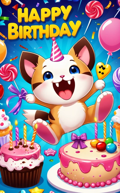 A happy Birthday card with a cat and cupcakes on it and balloons and confetti on the cake and the cat is holding a candle, cheerful, a character portrait, furry art