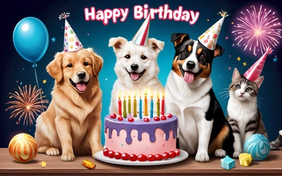 A group of dogs and cats sitting in front of a Birthday cake with candles on it and a cat sitting next to the cake with a dog, animal photography, a digital rendering, furry art