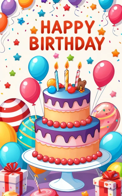 A Birthday cake with candles and balloons on a table with a happy Birthday message in the middle of the image and a bunch of balloons, plain background, a pastel, naive art