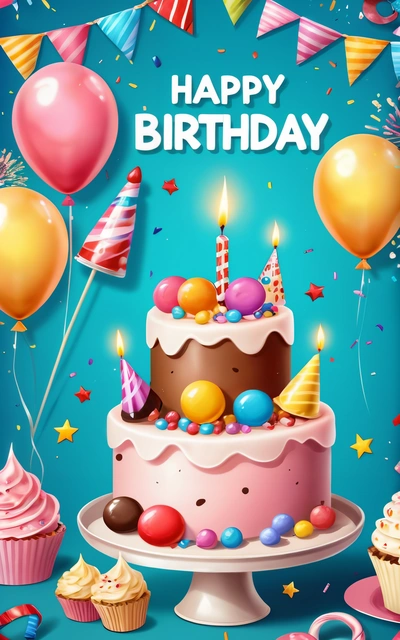 A Birthday cake with candles and balloons on a blue background with a happy Birthday message in the center of the cake is a cupcake, plain background, a pastel, naive art