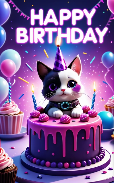 A cat sitting on top of a cake with candles on it's side and a Birthday hat on top of it's head, happy, a pastel, computer art