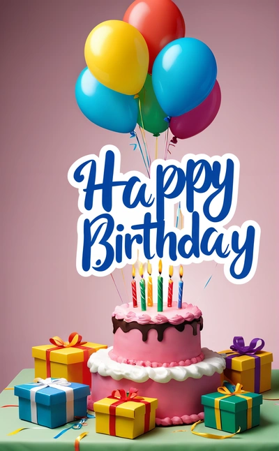 A Birthday cake with balloons and presents on a table with a pink background and a happy Birthday message in the middle of the image is a, plain background, a pastel, international typographic style