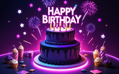 A Birthday cake with candles and some books on a table with fireworks and stars around it and a purple background with a purple glow and purple hue, neon lighting, a pastel, net art