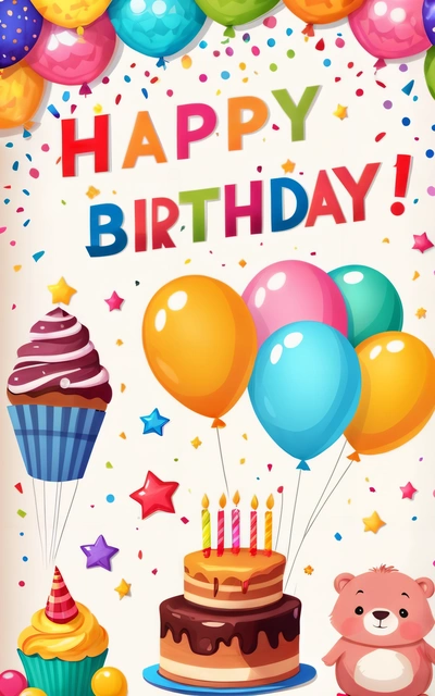 A Birthday card with a bear and balloons and a cake with candles and balloons on it, and a bear holding a bunch of balloons, plain background, a pastel, american barbizon school
