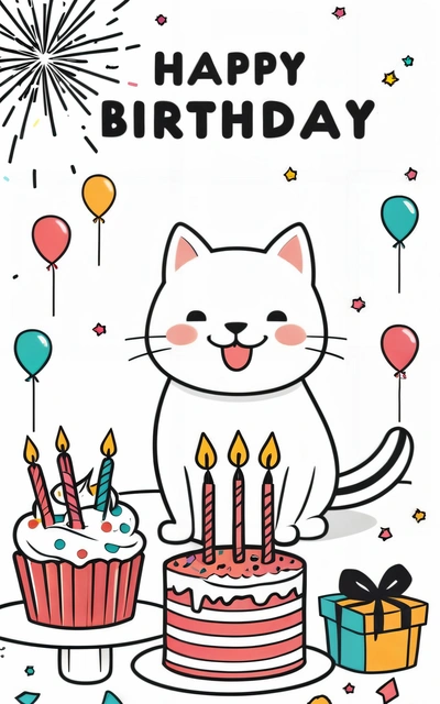 A Birthday card with a cat and a cake with candles on it and a gift box with a bow on the bottom of the card, happy, a pastel, computer art
