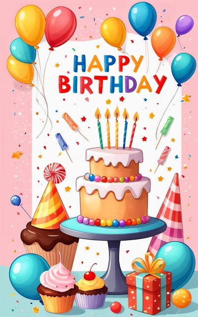A Birthday card with a cake and balloons on it and a sign that says happy Birthday on it with a lot of balloons and a cake, plain background, a pastel, naive art