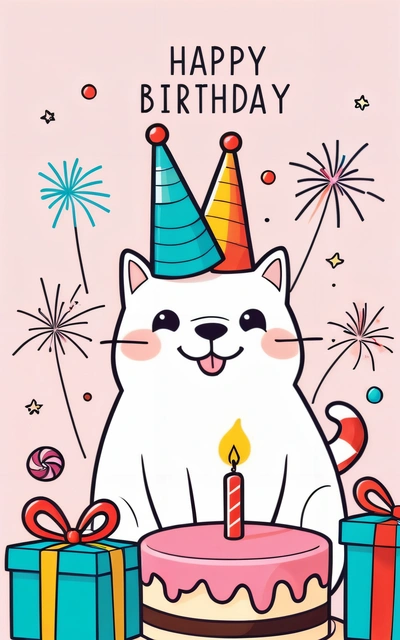 A Birthday card with a cat with a Birthday cake and presents on it, and a happy Birthday message in the middle of the card, happy, a pastel, furry art