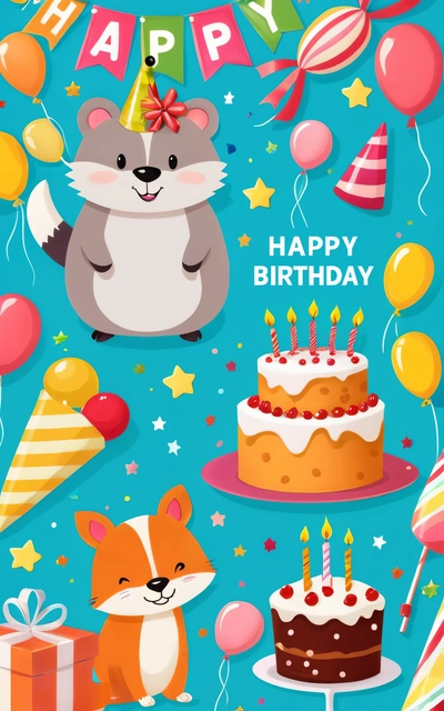 A Birthday card with a raccoon and a cake with candles and balloons on it and a happy Birthday message in the middle of the card, smooth and clean vector curves, vector art, naive art