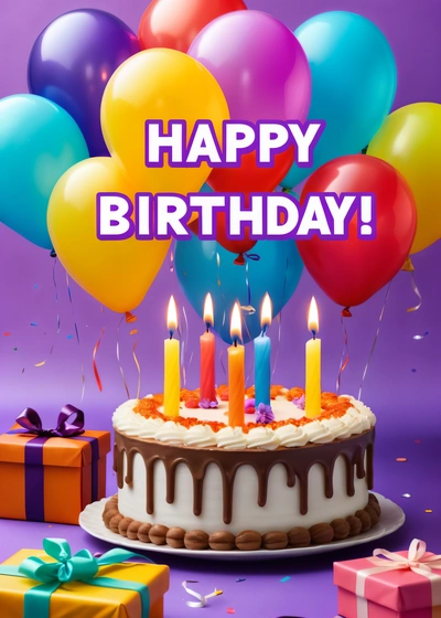A Birthday cake with candles and balloons on it with a purple background and a purple box with a purple bow and a purple ribbon with a purple ribbon, purple, a pastel, american barbizon school