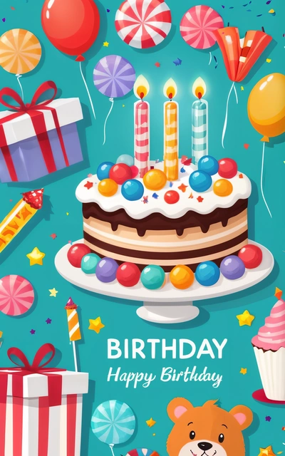 A Birthday card with a cake and balloons and a teddy bear on it with a gift box and a box of balloons and a teddy bear, colorful flat surreal design, a pastel, naive art