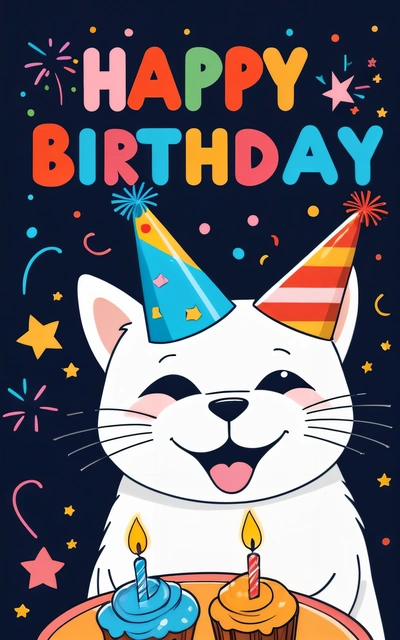 A cat with a Birthday hat on is holding a cupcake and smiling at the camera with a happy Birthday message in front of it, plain background, a pastel, furry art