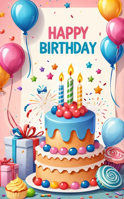A Birthday cake with candles and balloons on a table with a sign that says happy Birthday to you and all of the balloons and confetti, plain background, a pastel, naive art