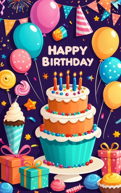 A Birthday card with a cake and balloons on it, and a gift box in the foreground, and a purple background with stars and confetti, plain background, a pastel, american barbizon school