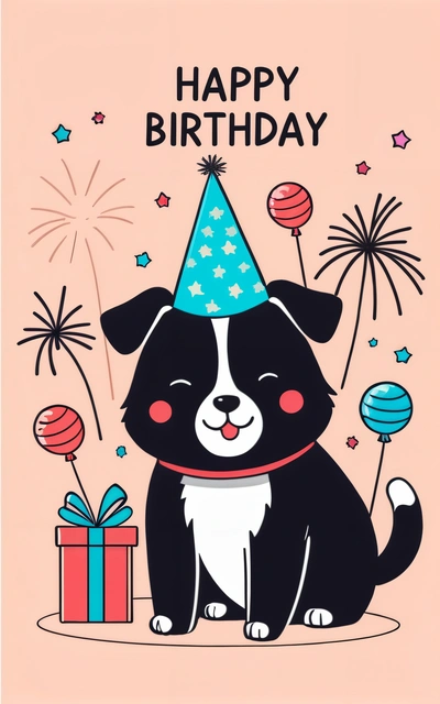 A Birthday card with a dog wearing a party hat and holding a present box with fireworks in the background and a gift box with a bow, plain background, a pastel, furry art